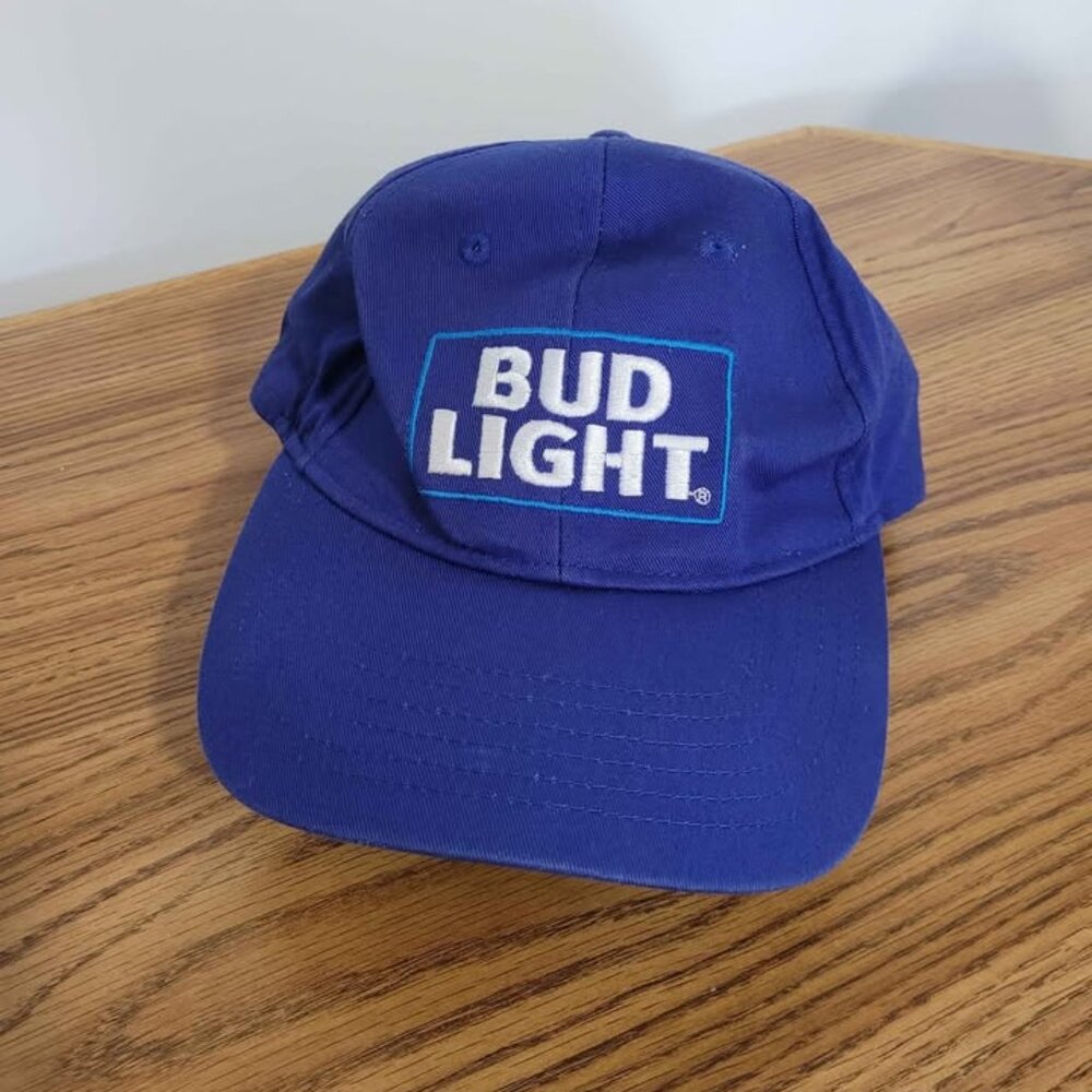 2 Bud Light Adjustable Strap Blue Hats-St Louis Brewery- K-Products *Pre-Owned*